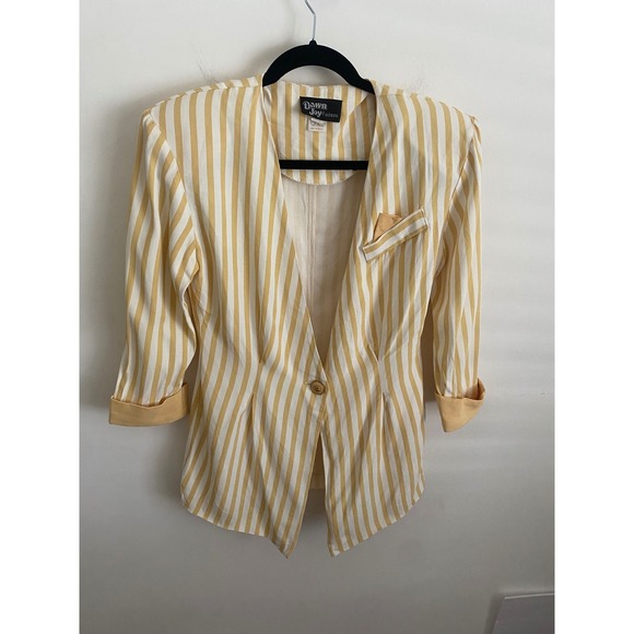 dawn joy fashions Jackets & Blazers - Dawn Joy Fashions Vintage 80s Yellow White Striped Blazer Shoulder Pads Size 8